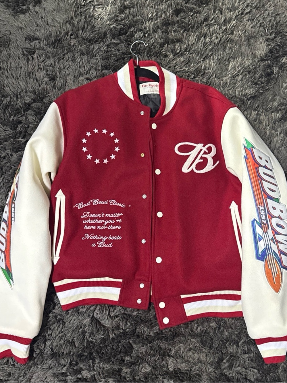 Budweiser Red and White Bud Bowl Varsity Jacket